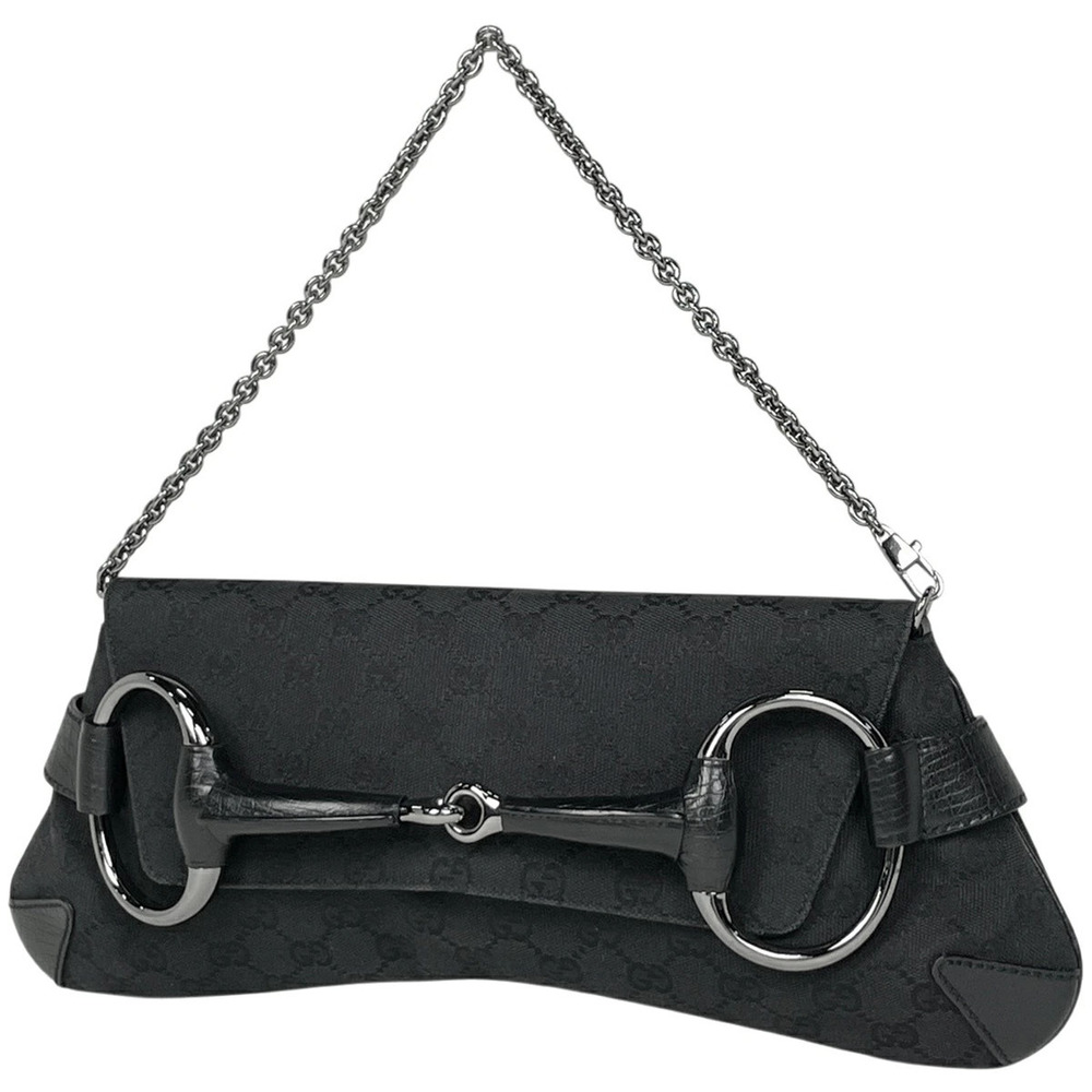 Gucci Horsebit Chain Shoulder Bag GG Handbag Canvas Black